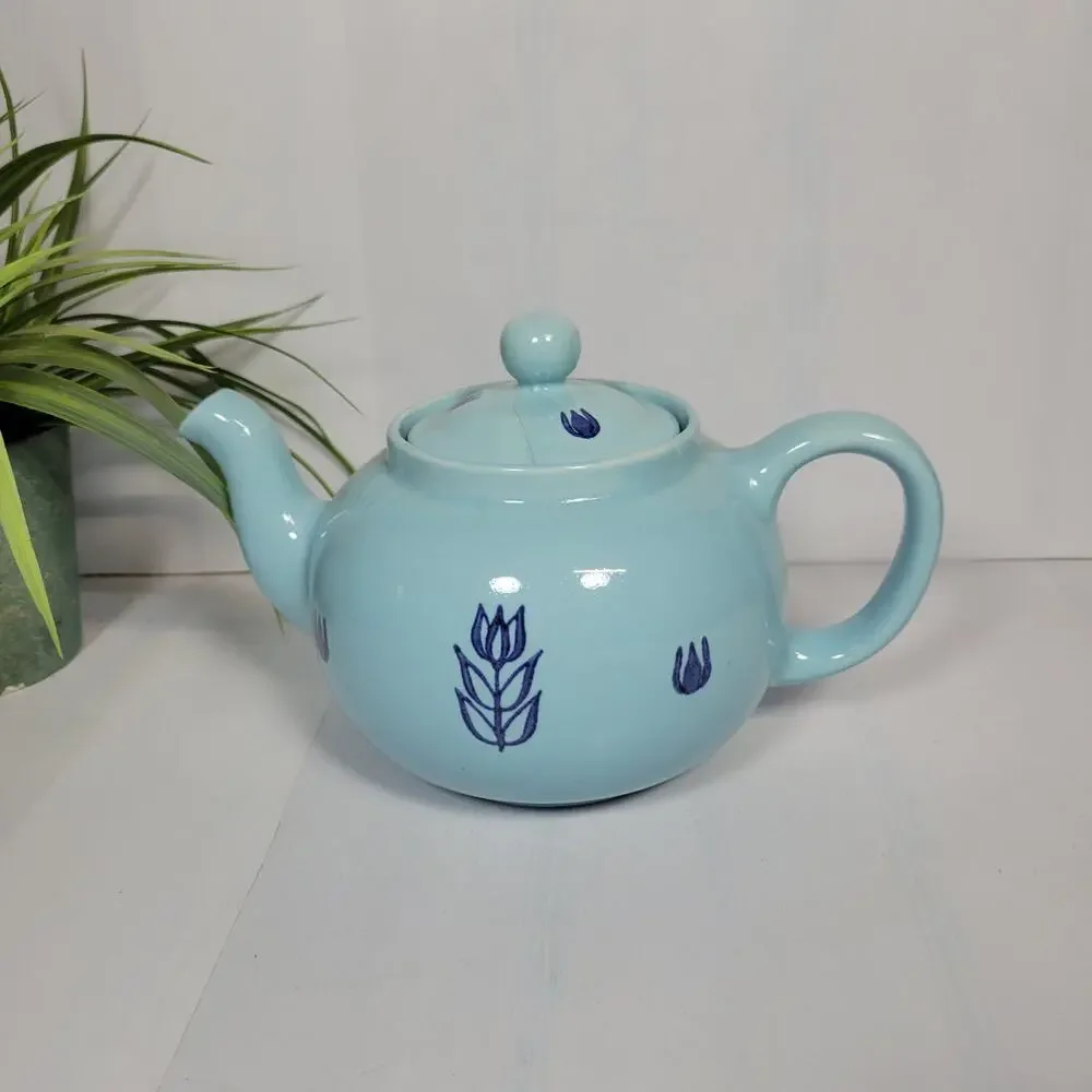 MCM Retro Cronin Cameron Pottery Blue Tulip Teapot Lid Vintage 3-Cup Cottagecore